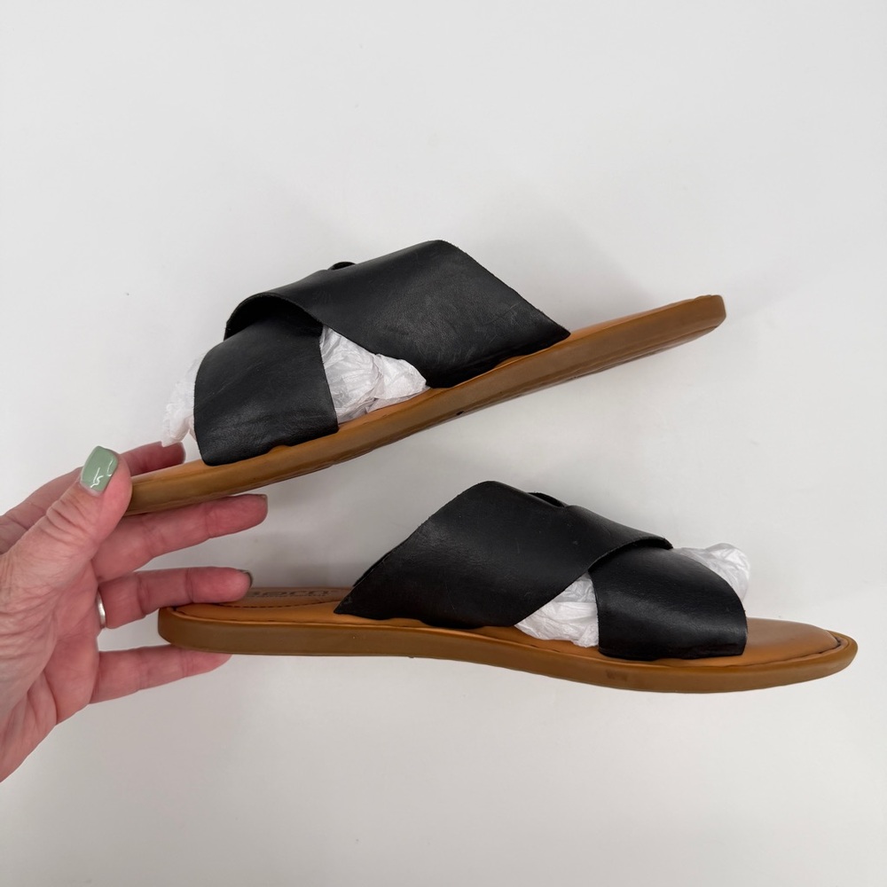 Born Black Leather Slide Sandals with Tan Footbed - Picture 11 of 15